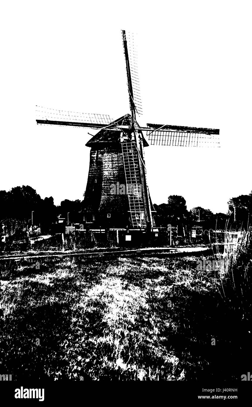 Silhouette in bianco e nero di un mulino a vento olandese Foto Stock