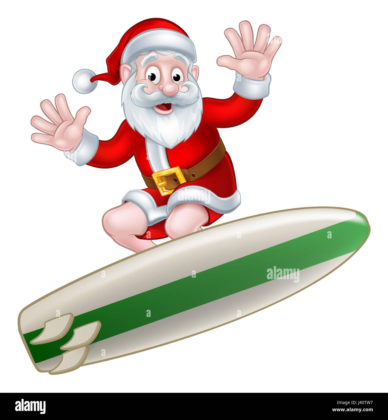 Santa surf e sventolare dal suo surfboard illustrazione di Natale Foto Stock