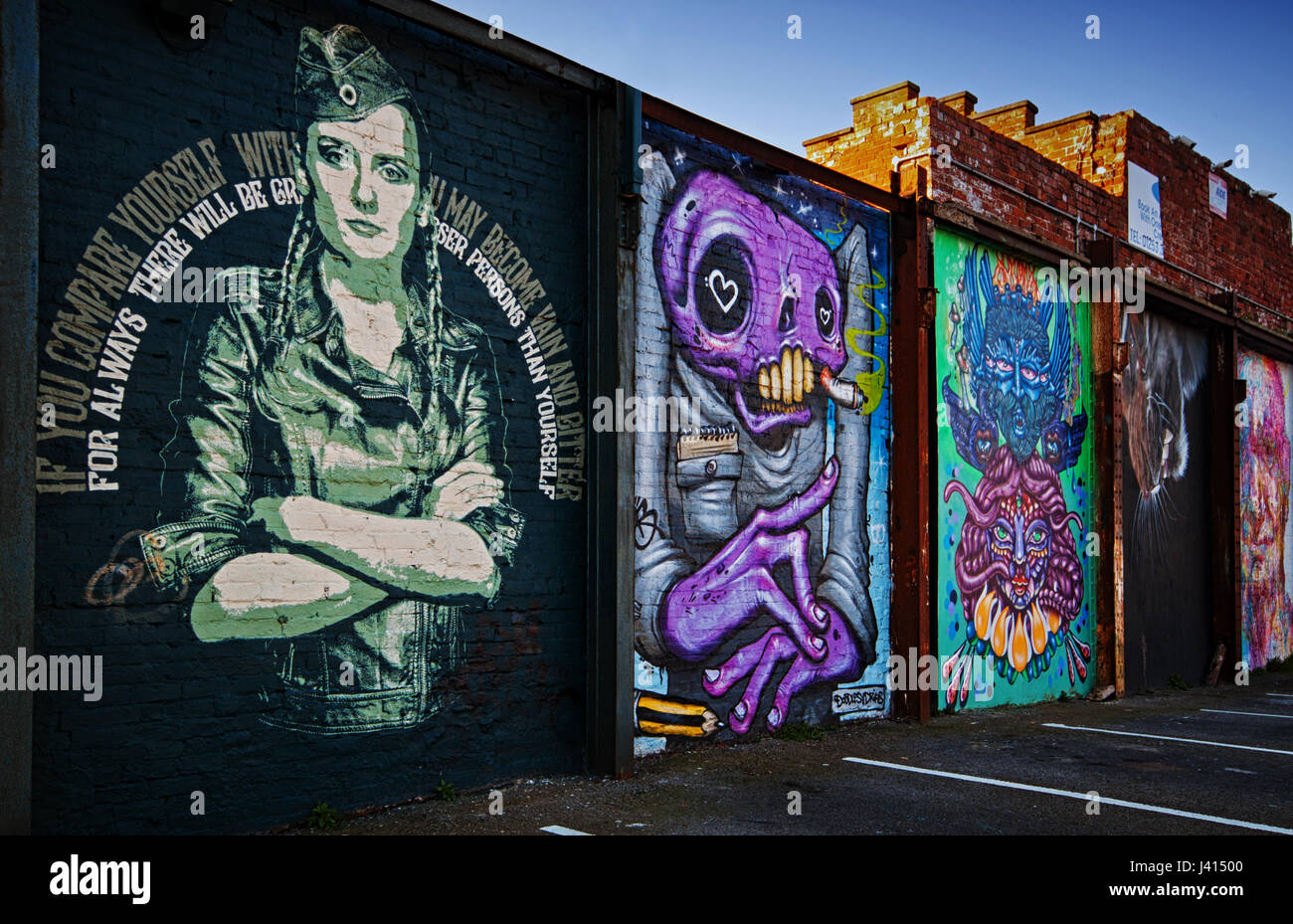 Ogni sezione di questa muratura porta un murale di diversi. Questa splendida arte urbana si illumina di Blackpool Foto Stock