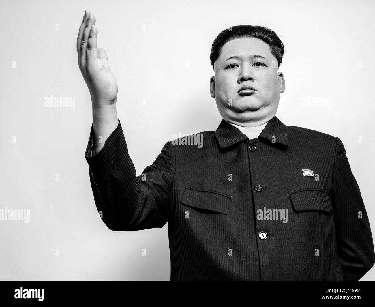 Capo supremo della Corea del nord Kim Jong lookalike delle Nazioni Unite durante la sua visita a Hong Kong. Kim Jong-Un poste per ritratti da studio e ha incontrato Obama e Trump. Foto Stock