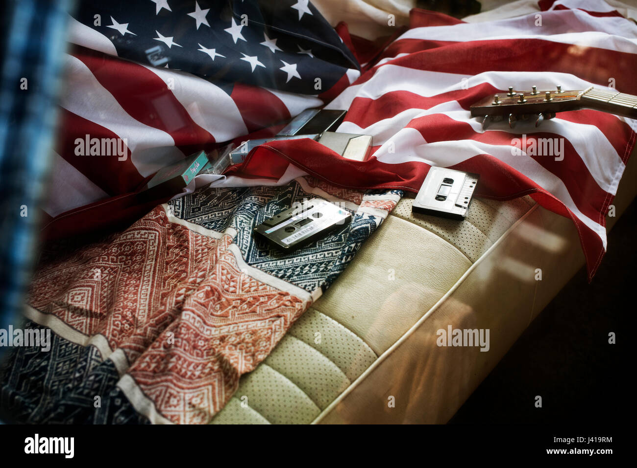 Bandiera americana su Van sedile posteriore Road Trip Viaggio Foto Stock