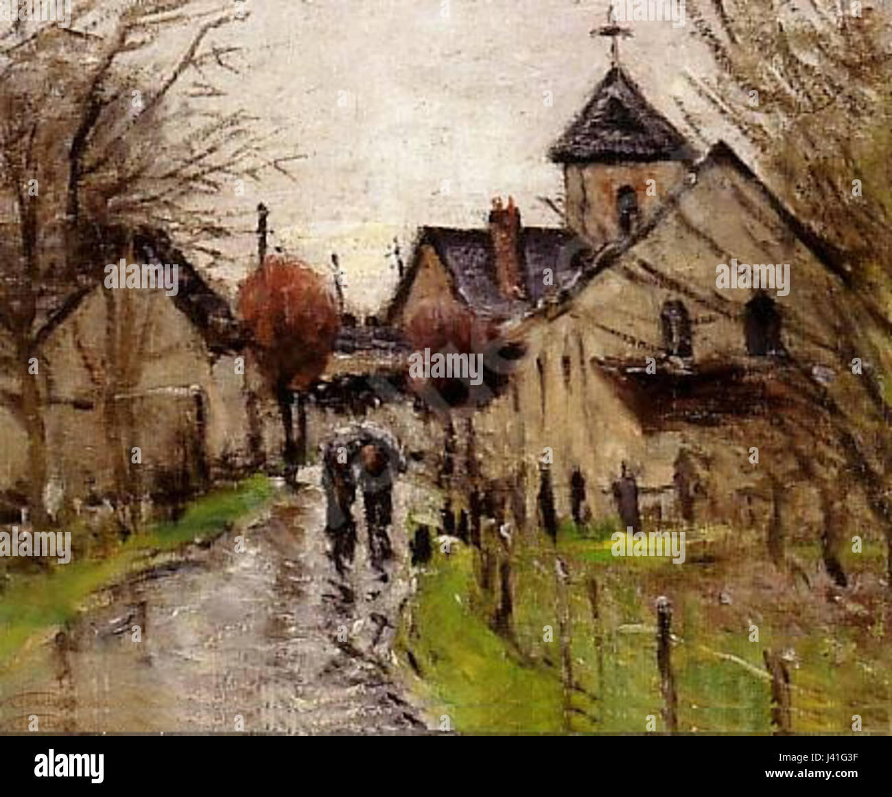"Villageoises sous la pluie" è un'opera d'arte di Gustave Loiseau che raffigura donne in un villaggio sotto la pioggia. Riflette la maestria di Loiseau nel catturare la vita quotidiana attraverso lo stile impressionista, concentrandosi sul colore e l'atmosfera. Foto Stock