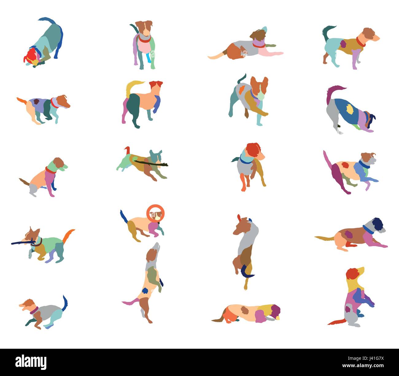 Impostare il vettore sagome di mosaico colorato e cani (Jack Russel terrier) ritagliata su sfondo bianco Illustrazione Vettoriale