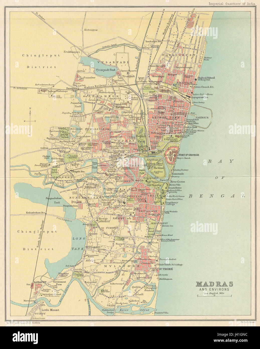 Madras City, fondata nel 1909, è una delle principali città dell'India, ora conosciuta come Chennai. La città ha una ricca storia culturale, giocando un ruolo chiave nel commercio, nel commercio e nella governance durante il dominio coloniale britannico. Oggi Chennai è una vivace metropoli e un importante centro economico dell'India meridionale. Noto per il suo patrimonio culturale, le istituzioni educative e il settore tecnologico, rimane un centro significativo per le imprese e la cultura della regione. Foto Stock
