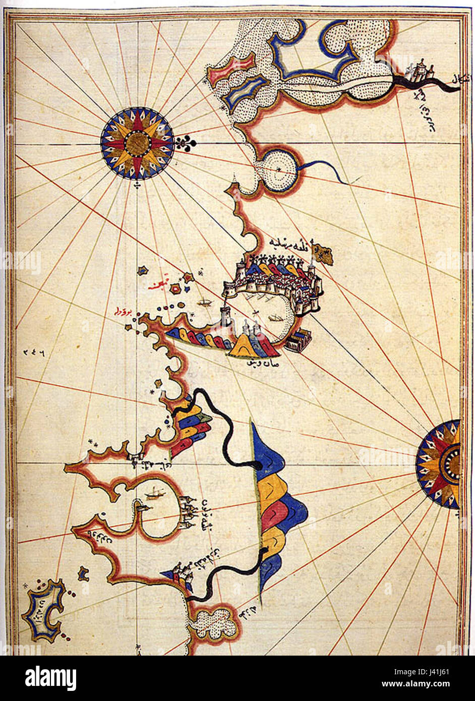Piri Reis, il famoso ammiraglio e cartografo ottomano, creò una mappa di Marsiglia, mostrando la costa e il porto della città. La mappa, parte del suo più ampio lavoro sulla geografia mondiale, offre una panoramica delle rotte marittime e delle città del Mediterraneo del XVI secolo. Foto Stock