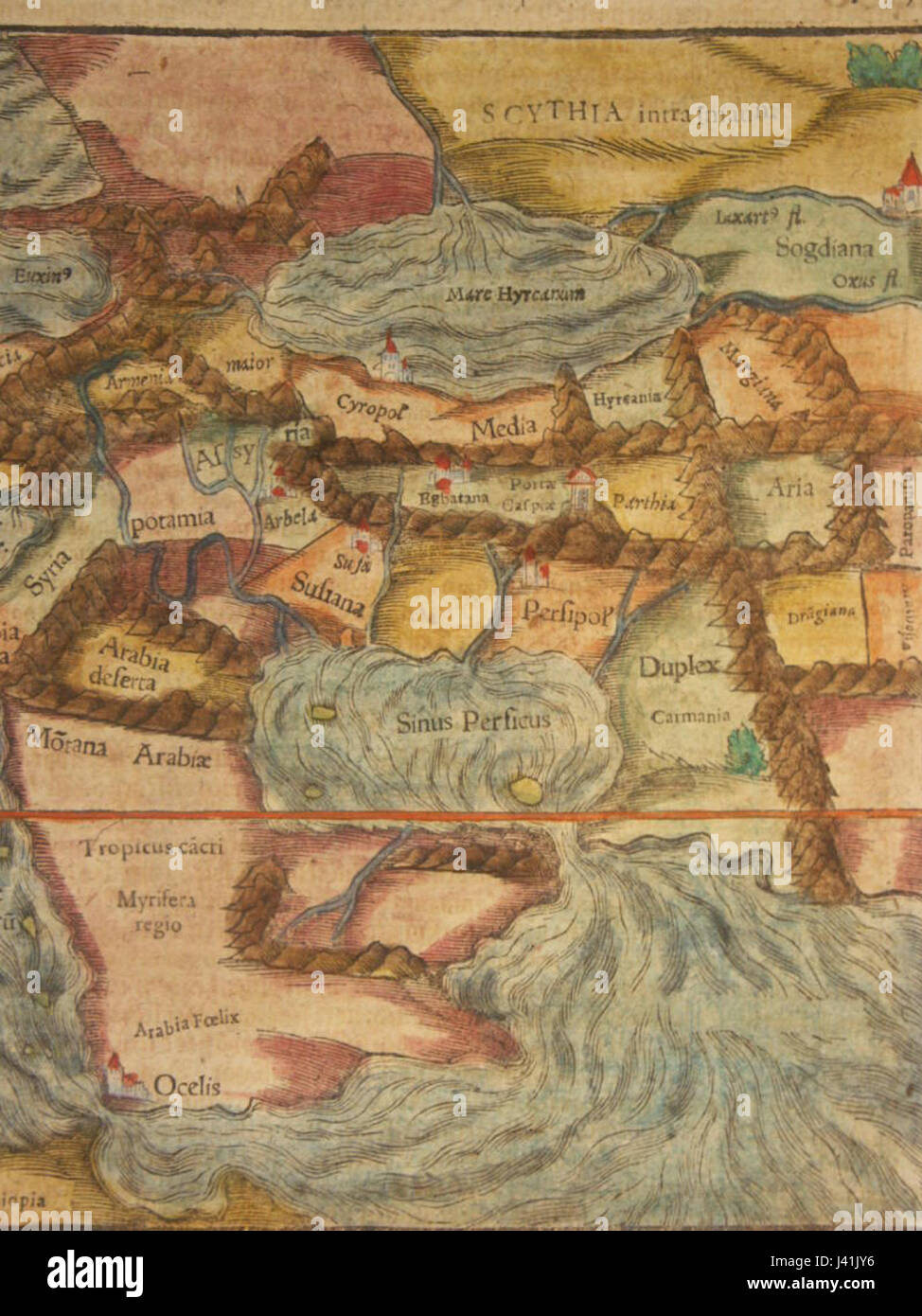 Questa mappa del 1600 mostra la dettagliata disposizione geografica dell'antica Persia, offrendo una visione dei confini, delle città e dei territori dell'Impero persiano durante il suo apice. Foto Stock