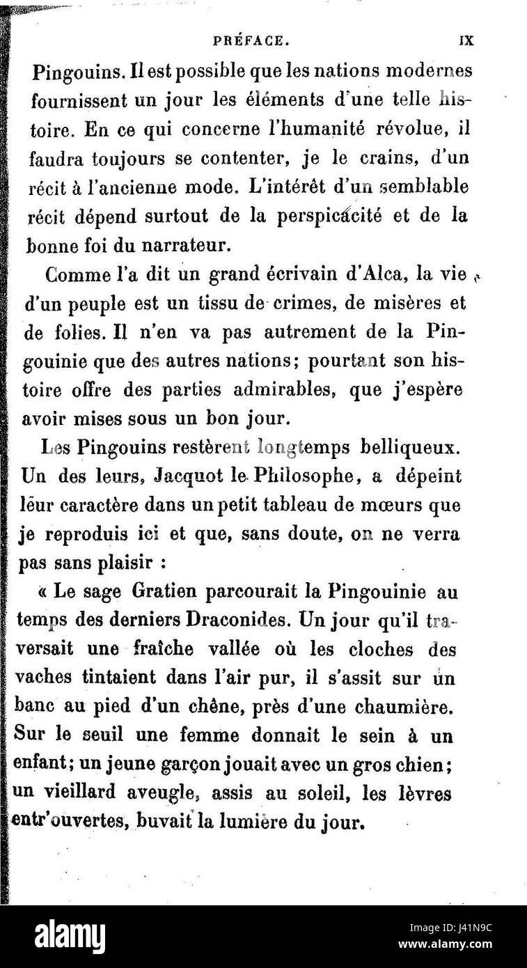 Questo titolo si riferisce a "l'ÃŽle des Pingouins" (l'isola dei pinguini), un'opera satirica dell'autore francese Anatole France. La "ix" si riferisce probabilmente a una specifica edizione o parte del libro. Foto Stock