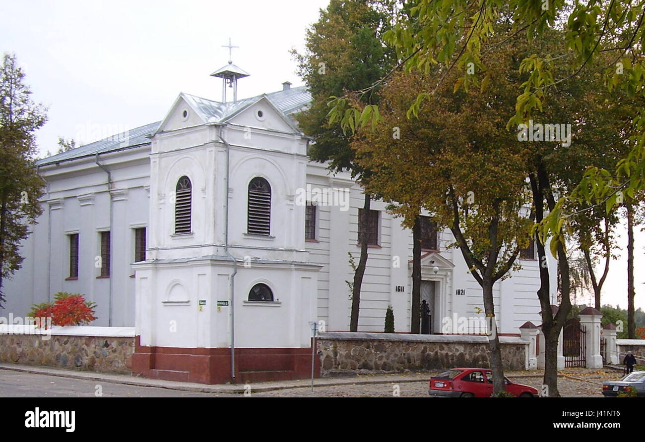 Un riferimento al campanile della chiesa di Leipalingis in Lituania, noto per il suo significato architettonico e storico. Foto Stock