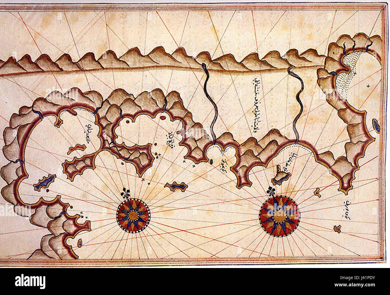 Marmaris di Piri Reis si riferisce alla raffigurazione della città costiera turca di Marmaris da parte del famoso cartografo ottomano Piri Reis. Le sue mappe forniscono informazioni sulle prime pratiche di navigazione e la comprensione geografica durante il periodo ottomano. Foto Stock