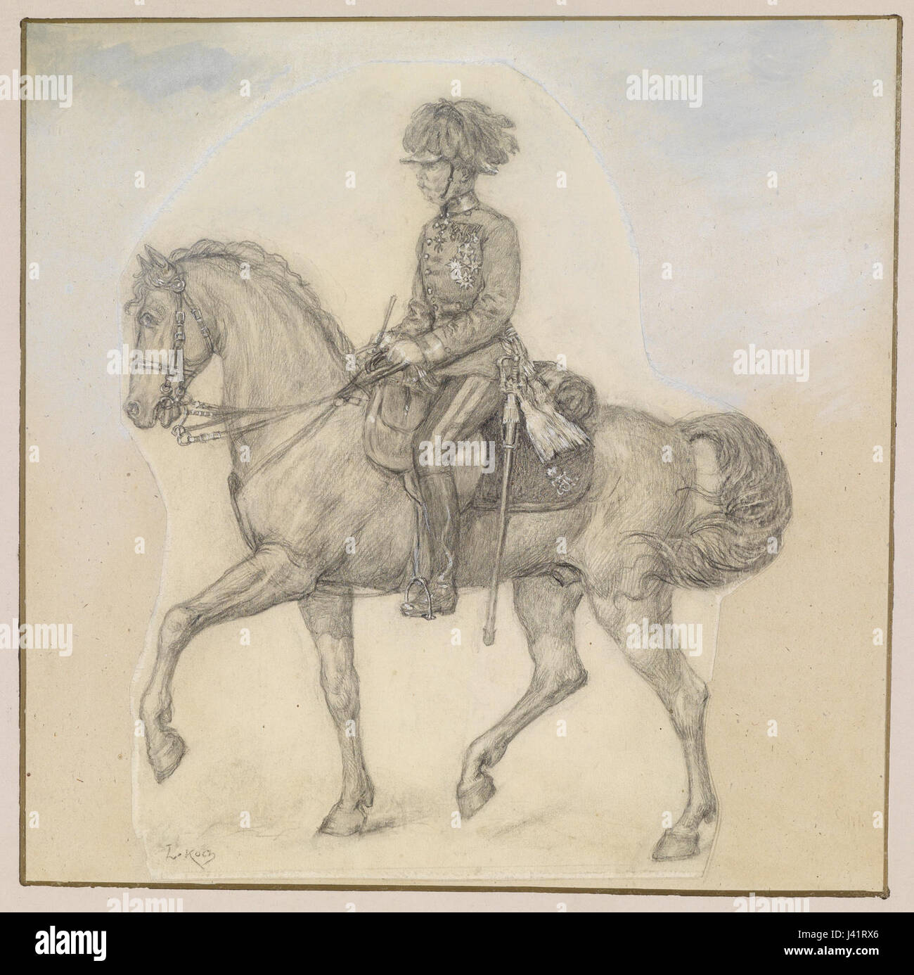 Questa immagine dell'imperatore Francesco Giuseppe i a cavallo raffigura un momento importante del suo regno. Il ritratto cattura l'imperatore in regali militari completi, simboleggiando la sua autorità e la sua leadership. Foto Stock