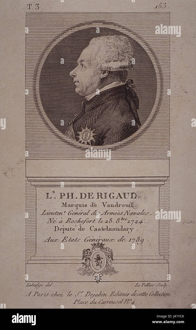 Il marchese di Vaudreuil era un ufficiale navale francese che deteneva il grado di tenente generale della marina francese. È noto per il suo servizio durante il XVIII secolo, in particolare nella Guerra dei sette anni. Foto Stock