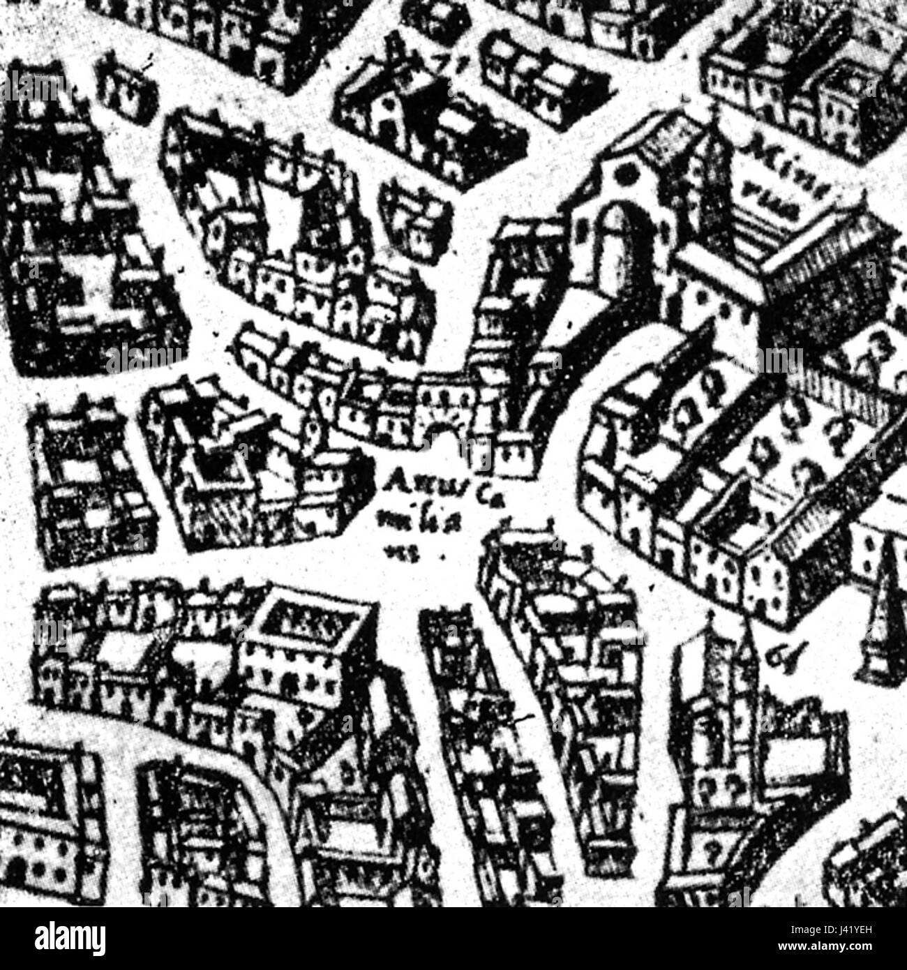 Una mappa dettagliata di Roma creata da Etienne Duperac, raffigurante la disposizione dell'antica città con particolare attenzione alle caratteristiche architettoniche significative. La mappa evidenzia i monumenti storici e la pianificazione urbana. Foto Stock