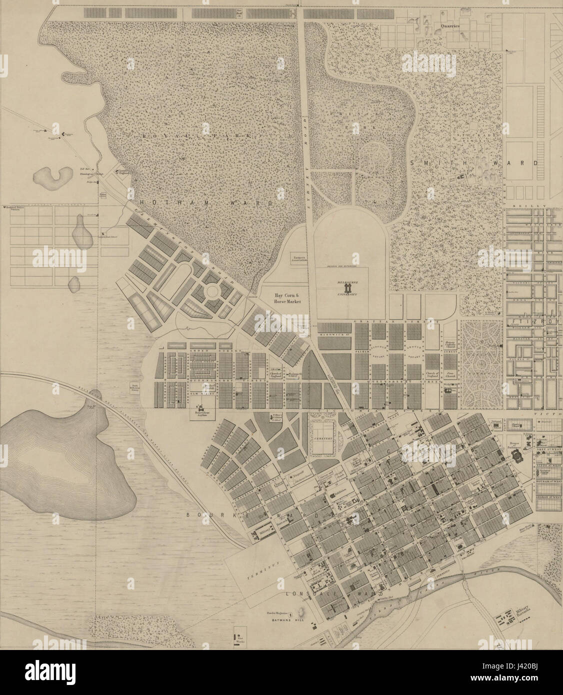Questa mappa del 1855 di Melbourne, Australia, offre una vista storica della città durante il suo sviluppo iniziale. La mappa evidenzia le strade principali, i luoghi di interesse e le aree che erano centrali per la crescita della città nel XIX secolo. Foto Stock
