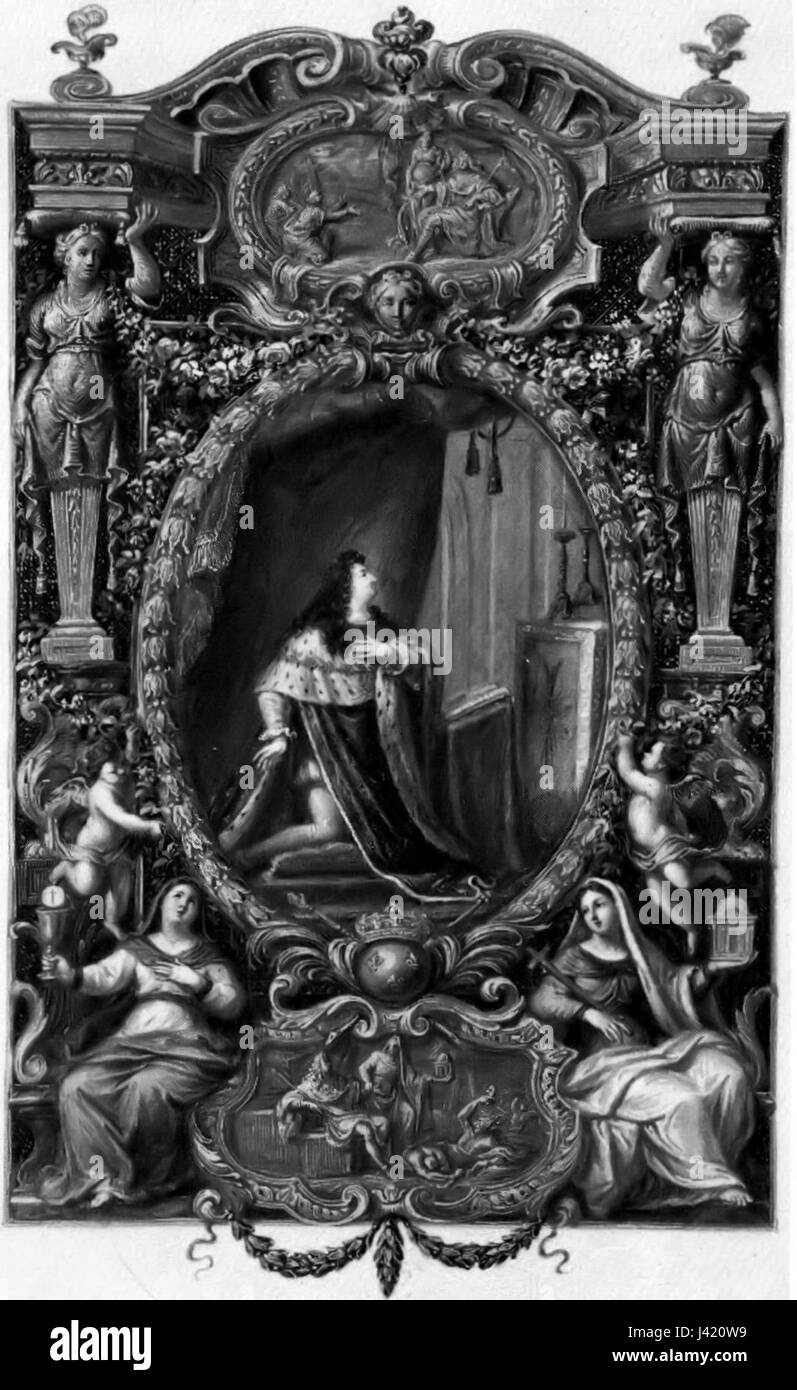 Un ritratto di Luigi XIV, il Re Sole, famoso per il suo regno in Francia, la sua istituzione della monarchia assoluta e la costruzione della Reggia di Versailles. L'immagine lo ritrae come un leader potente e regale, simboleggiando la sua influenza dominante nella politica e nella cultura francese durante il XVII secolo. Foto Stock