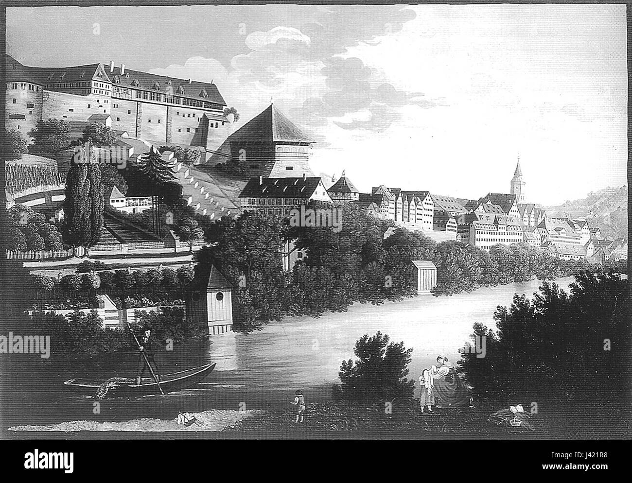 Questo gouache di Louise Uhland raffigura la vista di Tuebingen dalla riva destra sotto il ponte Hirsch Steg, intorno al 1816. Offre una dettagliata e scenografica rappresentazione della città durante i primi anni del XIX secolo, concentrandosi sul paesaggio e l'architettura. Foto Stock