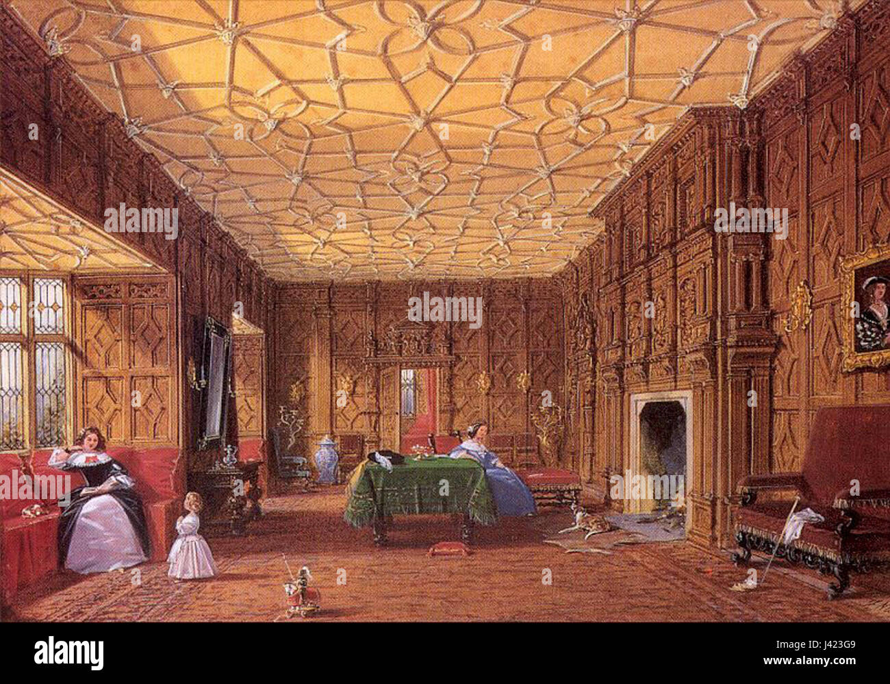 Il salotto di Levens Hall, illustrato da Joseph Nash, presenta interni di design vittoriano. Questa dettagliata opera d'arte enfatizza le caratteristiche opulente e intricate della camera, catturando lo stile e l'architettura dell'epoca a metà del XIX secolo. Foto Stock