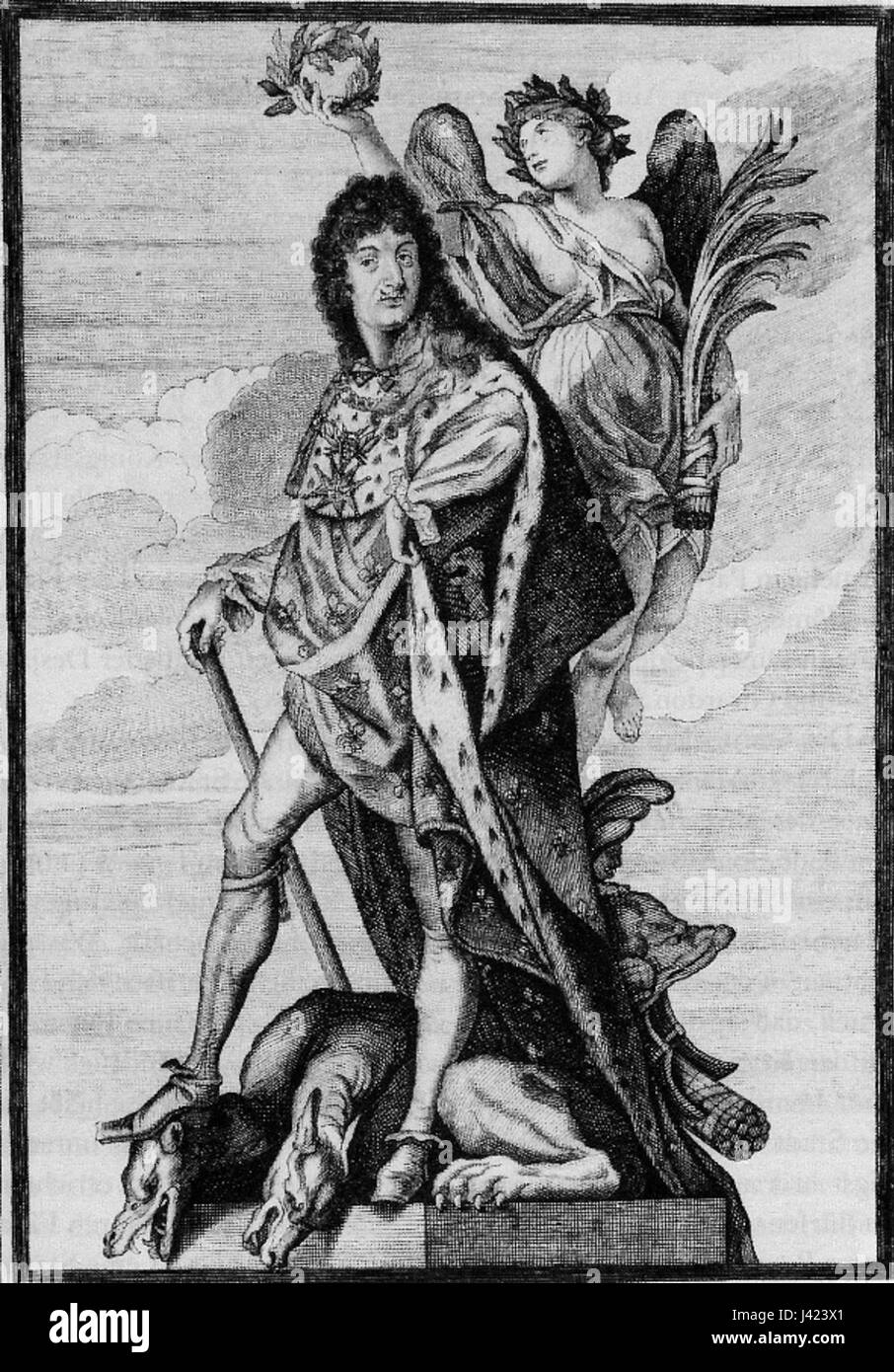 Un ritratto di re Luigi XIV di Francia, spesso chiamato il "Re Sole", che riflette la sua grandezza e la sua influenza regale durante il suo regno nel XVII secolo, simboleggiando la monarchia assoluta della Francia. Foto Stock