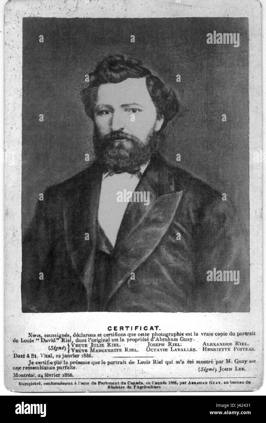 Questo ritratto di Louis Riel, il leader e figura politica dei MÃ, cattura il suo significato nella storia canadese. Riel giocò un ruolo centrale nelle ribellioni del Red River e del Nord-Ovest, che furono fondamentali nello sviluppo del Canada. Foto Stock
