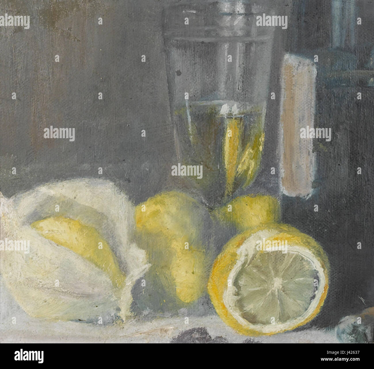 La natura morta di Max Buri, intitolata "Stilleben mit Zitronen und Weinglas", cattura un momento della vita quotidiana con un focus sui limoni e un bicchiere di vino, riflettendo la tradizione ottocentesca della pittura di natura morta. Foto Stock