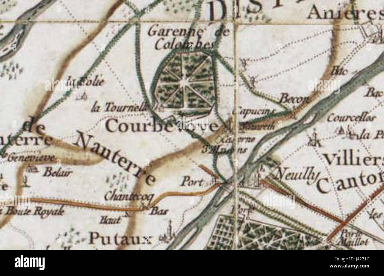 La Garenne carte Cassini si riferisce a una mappa storica prodotta durante il progetto di creazione di mappe Cassini in Francia. Questa mappa fornisce dettagli geografici e topografici dell'area di Garenne, illustrando le tecniche cartografiche francesi del XVIII secolo. Foto Stock