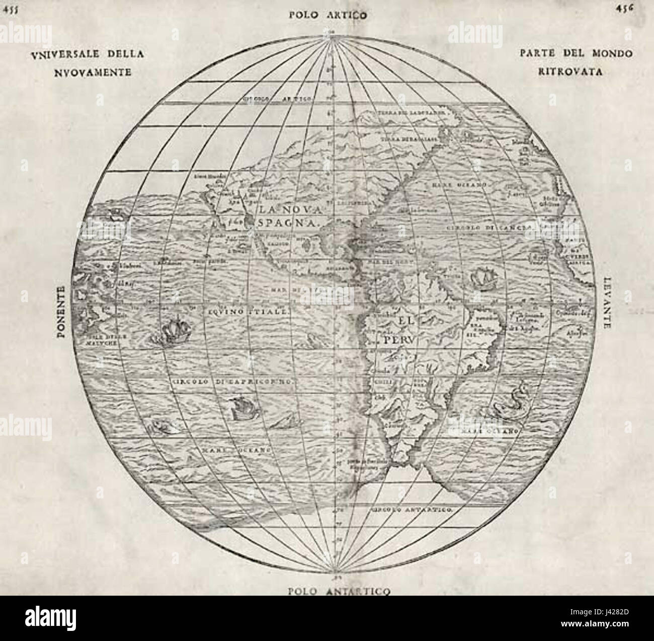 La Map of America di Ramusio fornisce una rappresentazione del XVI secolo delle Americhe. Creata dallo storico italiano Giovanni Ramusio, questa mappa offre uno sguardo sulle prime vedute europee del nuovo mondo e delle sue caratteristiche geografiche. Foto Stock