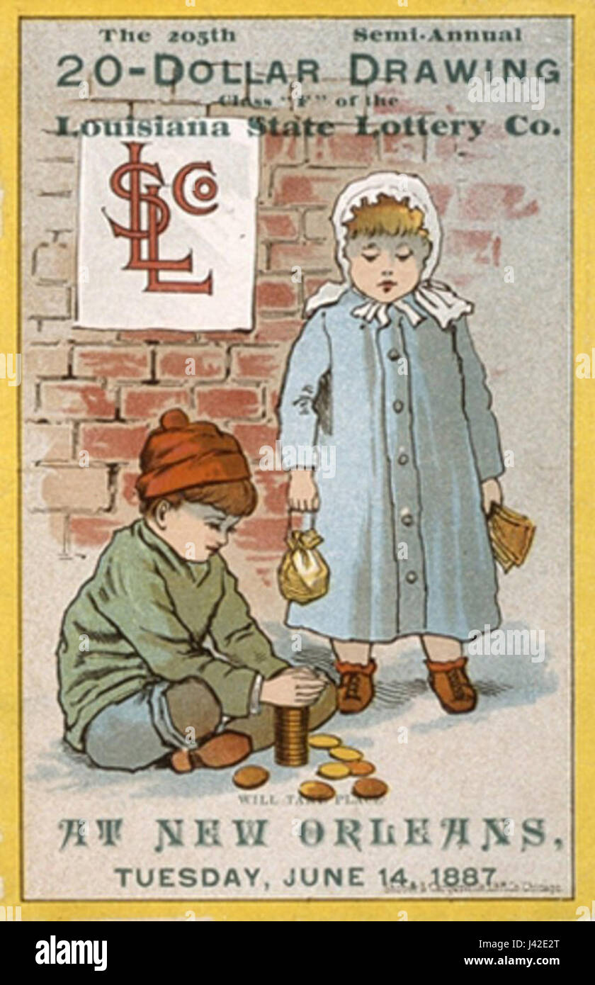 Un evento della Louisiana State Lottery del 1887, che raffigura bambini associati al disegno della lotteria. Riflette la pratica storica e il coinvolgimento pubblico nelle lotterie in quel momento. Foto Stock