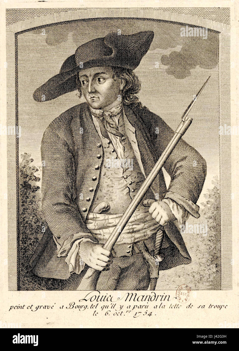 Louis Mandrin, un brigante ed eroe francese, operò nel XVIII secolo. Fu coinvolto in diverse attività anti-governative, tra cui il contrabbando, e divenne una figura leggendaria nella storia francese. Foto Stock