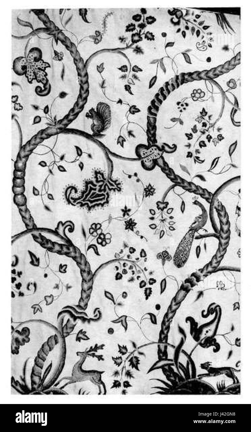 Questo titolo si riferisce a un lino del XVII secolo appeso, che era una forma d'arte tessile comune in quel periodo, utilizzato per scopi decorativi o funzionali. L'impiccagione sarebbe stata realizzata con disegni intricati e potrebbe essere trovata in case o chiese durante gli anni '1600 Foto Stock