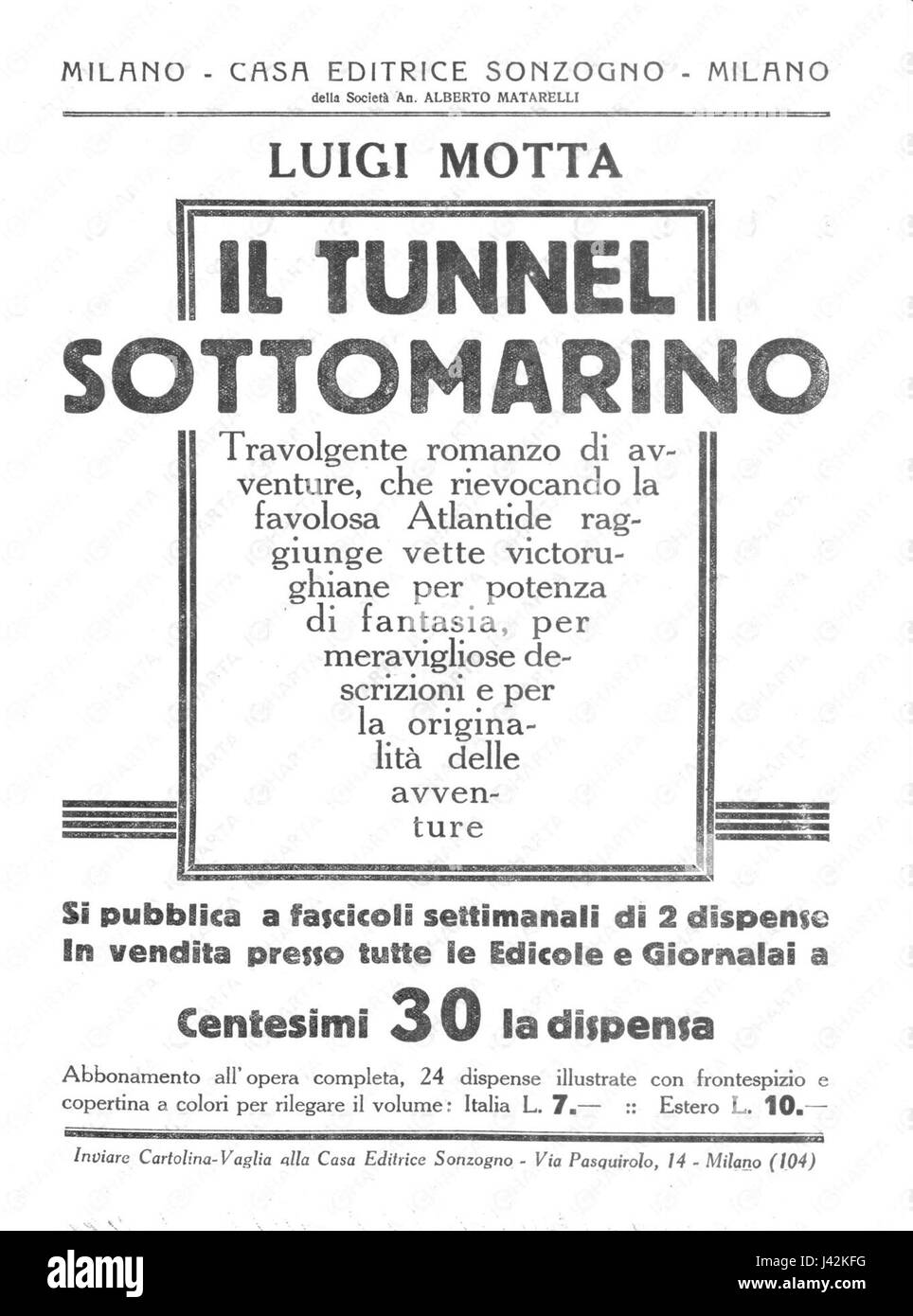 Questo riferimento si riferisce al lavoro di Luigi Mottaâ sulla progettazione di gallerie sottomarine, pubblicato nell'edizione 1927 di "Sonzogno", che evidenzia le innovazioni nelle infrastrutture sotterranee all'inizio del XX secolo. Foto Stock