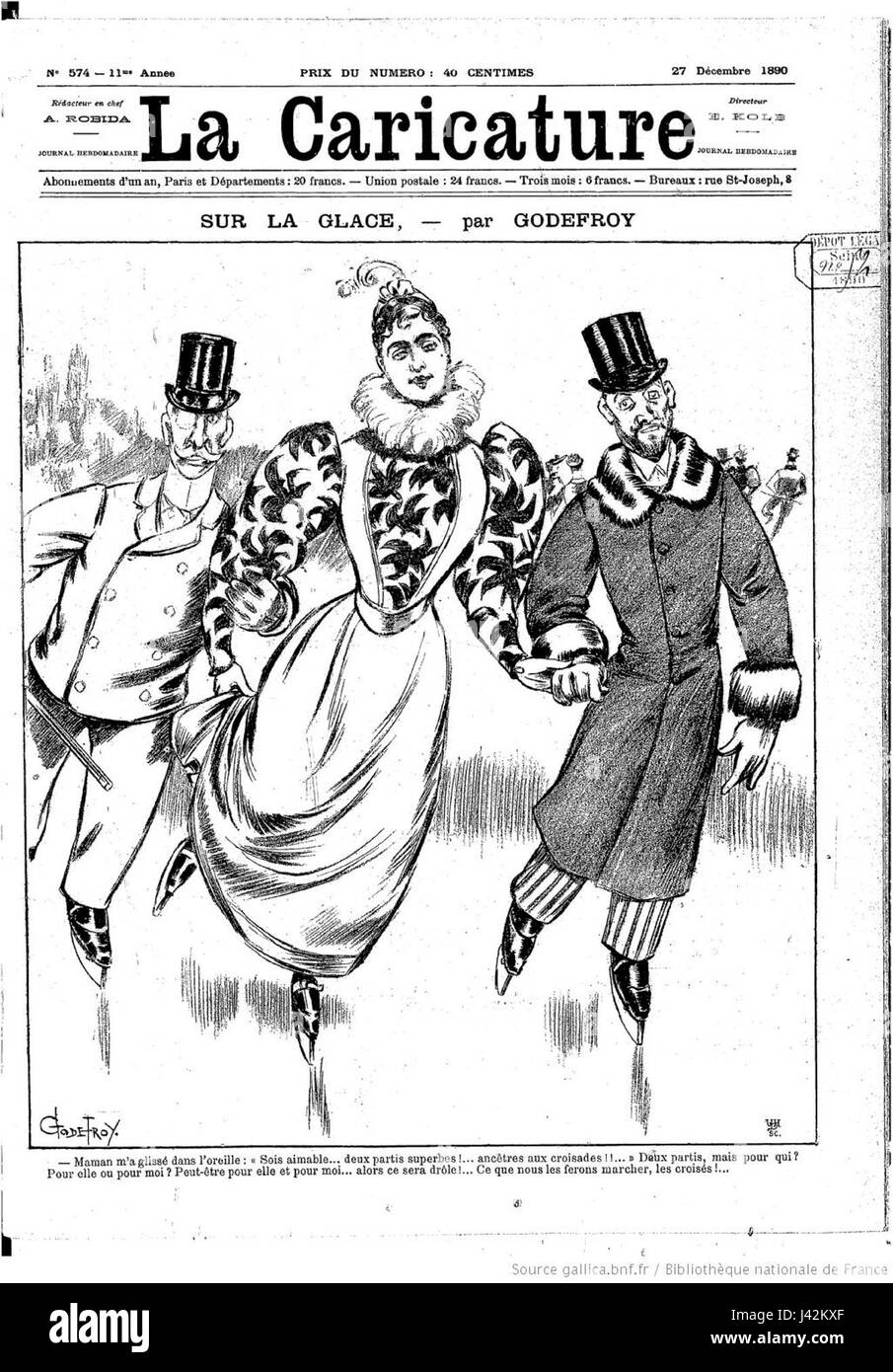 Questa illustrazione di "la caricature" datata 27 dicembre 1890, di Godefroy, presenta una rappresentazione satirica o umoristica, forse legata a un tema invernale. La caricatura probabilmente riflette il clima sociale e politico del tempo. Foto Stock