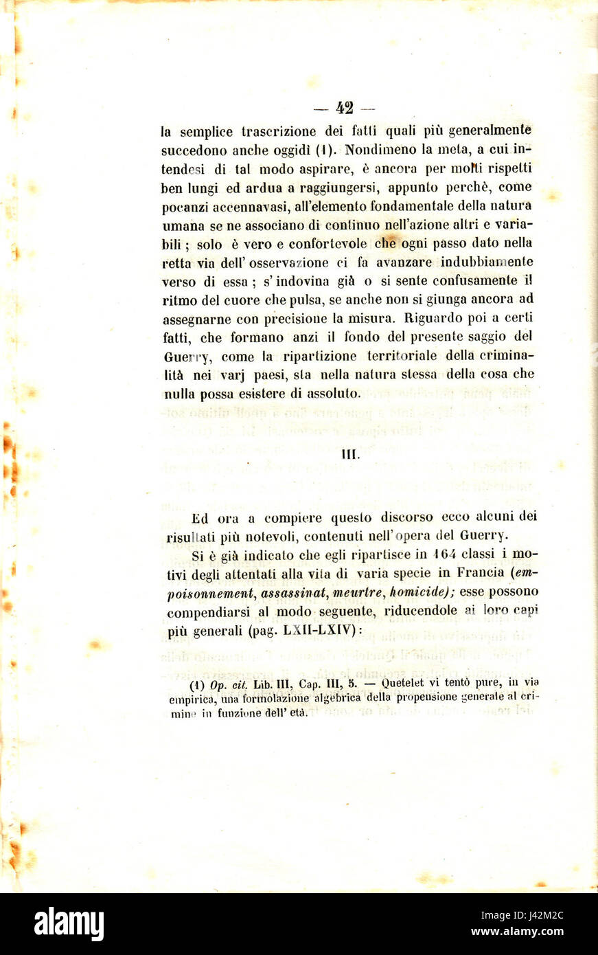 La "statistica morale" di Messedaglia è un'opera che esamina le statistiche morali dell'Italia, concentrandosi su questioni sociali, tassi di criminalità e salute pubblica. Questa pubblicazione fornisce approfondimenti sulle condizioni sociali e sullo stato morale della società italiana durante il XIX secolo, contribuendo al campo dello studio sociologico e della riforma sociale in Italia. Foto Stock