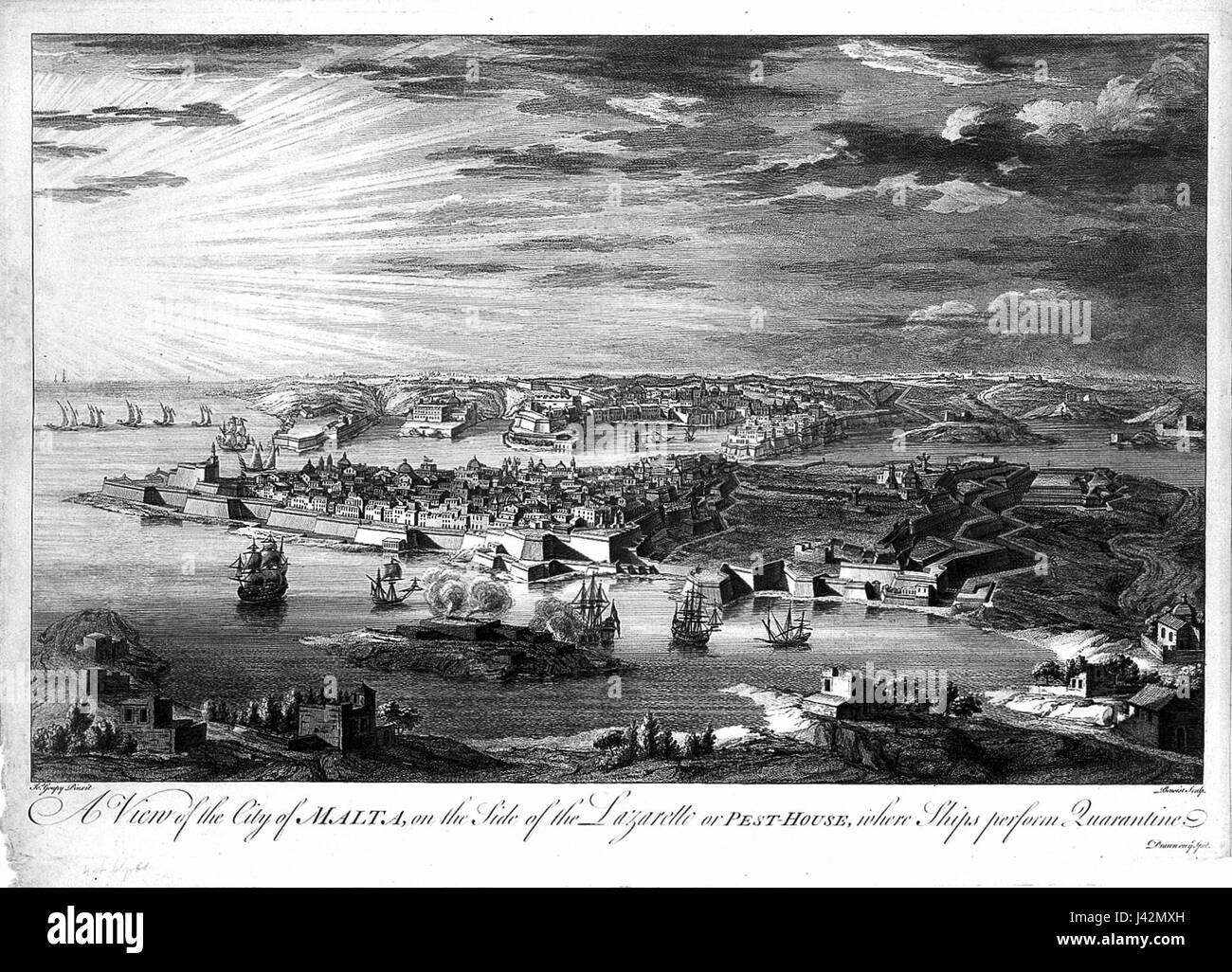 Un'incisione di M.A. Benoist raffigurante una vista dell'area di quarantena di Malta, una rappresentazione storica delle misure di salute pubblica. Foto Stock