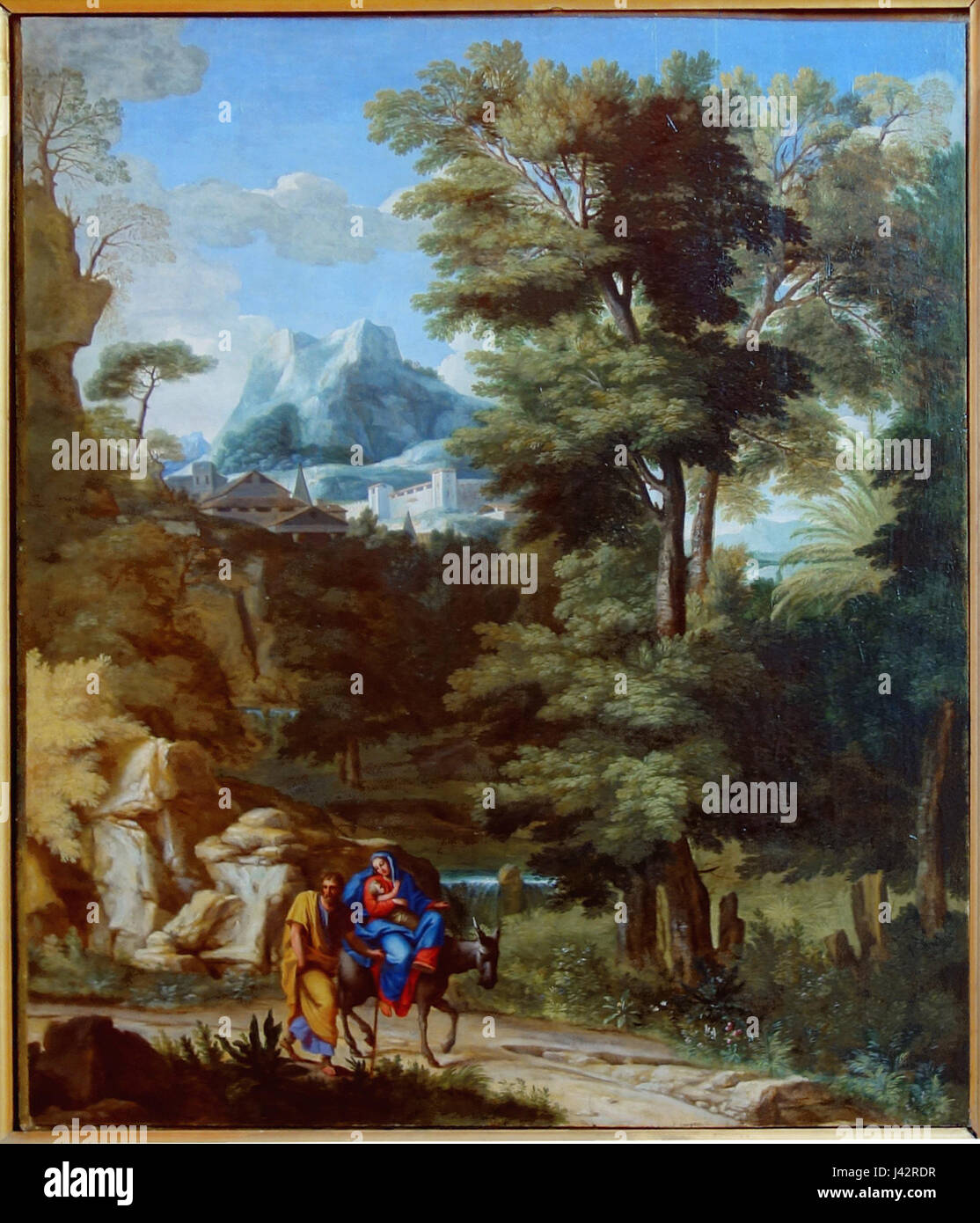 Questa opera, attribuita ad Antoine Herault, raffigura la scena biblica della fuga in Egitto. Rappresenta un tema storico e religioso attraverso l'arte francese. Foto Stock