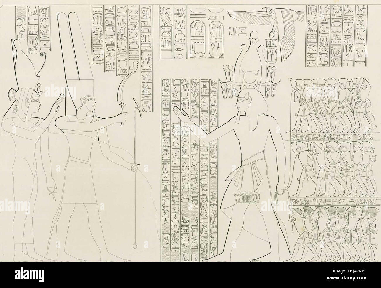 Il tempio Medinet Habu, dedicato a Ramses III, situato a Luxor, in Egitto, presenta la prima Corte come raffigurato nell'opera di Lepsio, fornendo significativi approfondimenti archeologici e architettonici sull'antico Egitto. Foto Stock