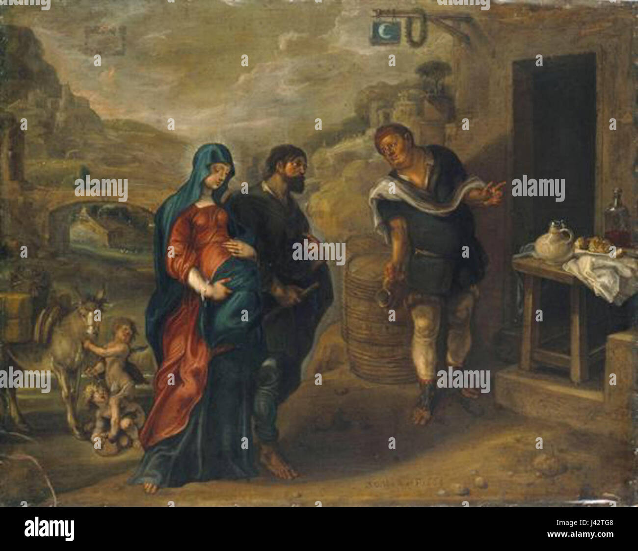 "Maria e Giuseppe in cerca di rifugio a Betlemme" di Simon de Vos raffigura la scena biblica del viaggio di Maria e JosephÂ a Betlemme, illustrando il momento del loro arrivo e cercando rifugio. Il dipinto riflette i temi della povertà, della fede e della storia della natività nella tradizione cristiana. Foto Stock