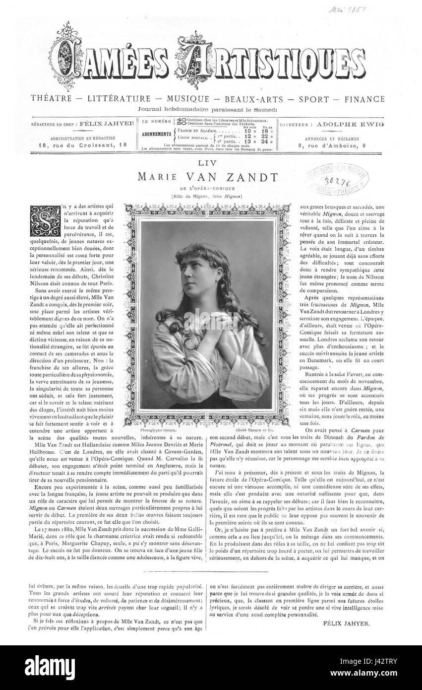 Marie Van Zandt era una figura storica notevole, probabilmente un'artista o artista i cui contributi alle arti furono riconosciuti durante il suo tempo. Le sue opere potrebbero aver avuto un'influenza sul suo campo, specialmente nella musica o nel teatro. Foto Stock