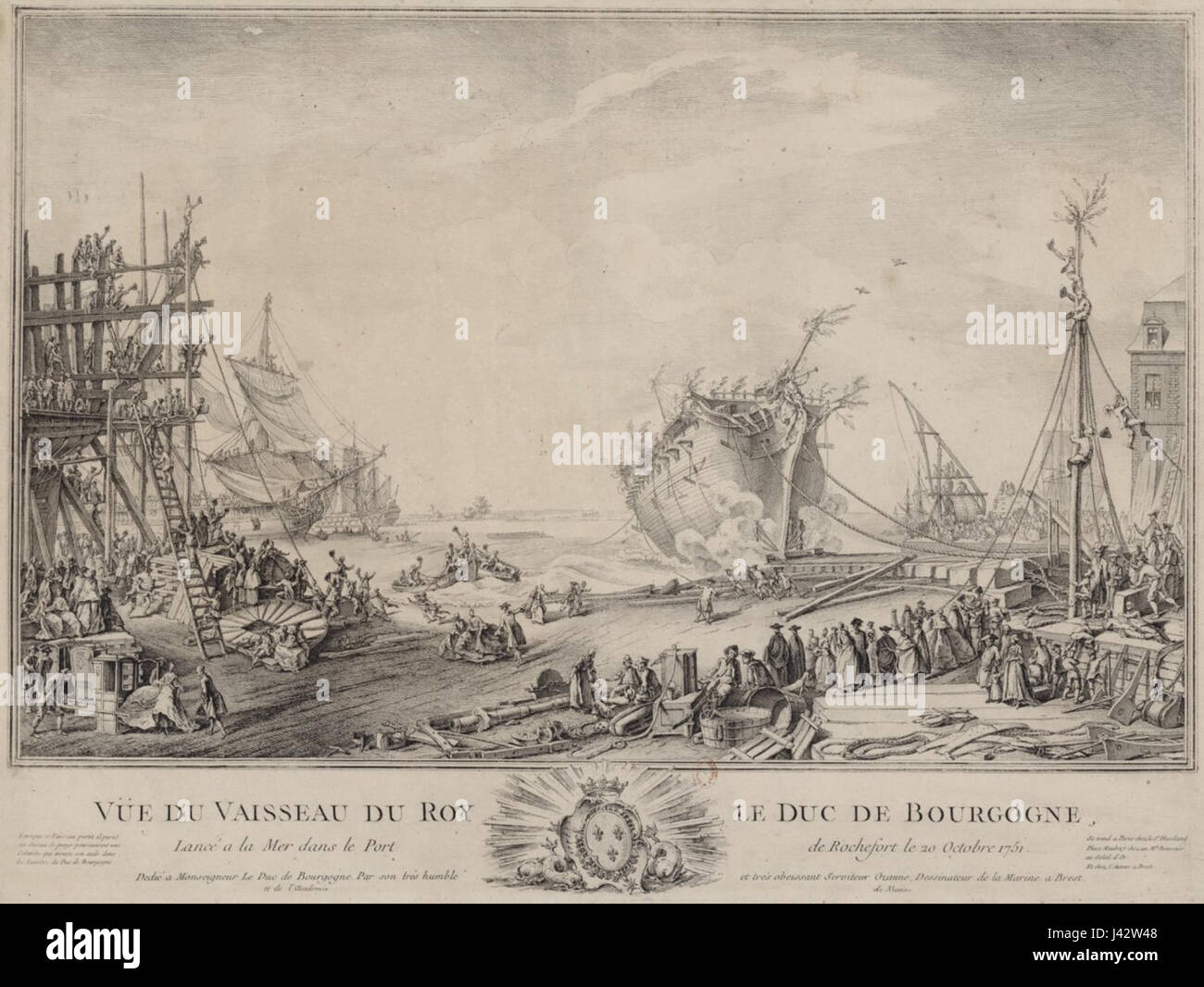 Si tratta del lancio della nave "Duc de Bourgogne", un evento significativo nella storia marittima. La nave era una nave francese del XVII secolo, rinomata per il suo design e il ruolo militare durante il suo tempo. Foto Stock