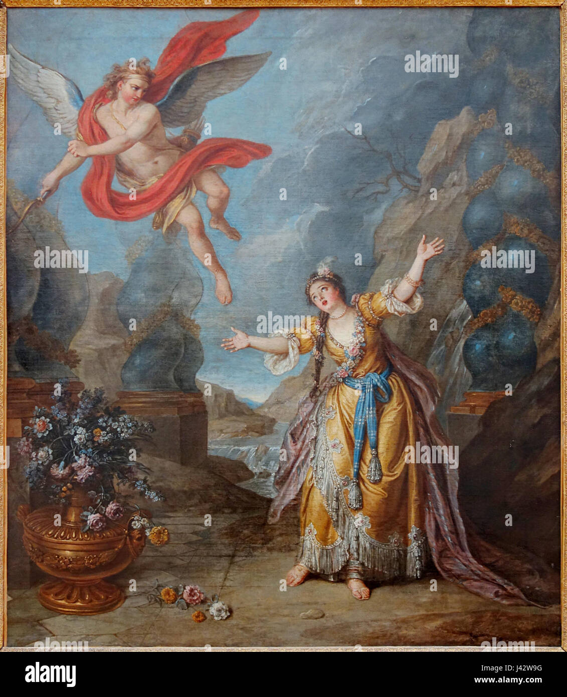 Questa opera d'arte di Coypel raffigura Psiche e Amor, facendo riferimento a una famosa scena mitologica che rappresenta l'amore e la trasformazione nella mitologia classica. Foto Stock