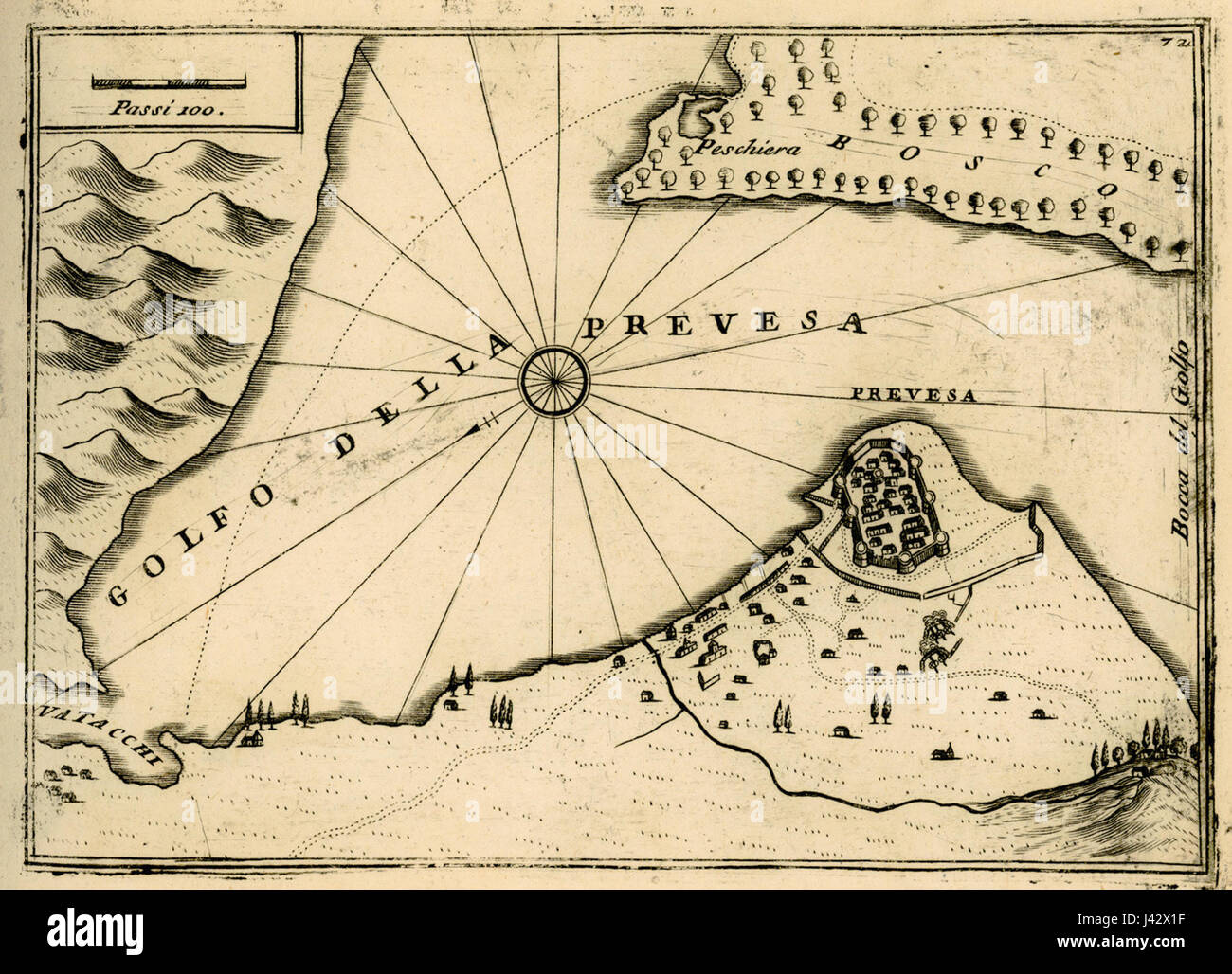 Questa mappa, creata da Vincenzo Coronelli nel 1688, raffigura la regione intorno a Preveza, in Grecia, evidenziando la fortezza di Buca. La mappa fornisce preziosi dettagli geografici storici. Foto Stock