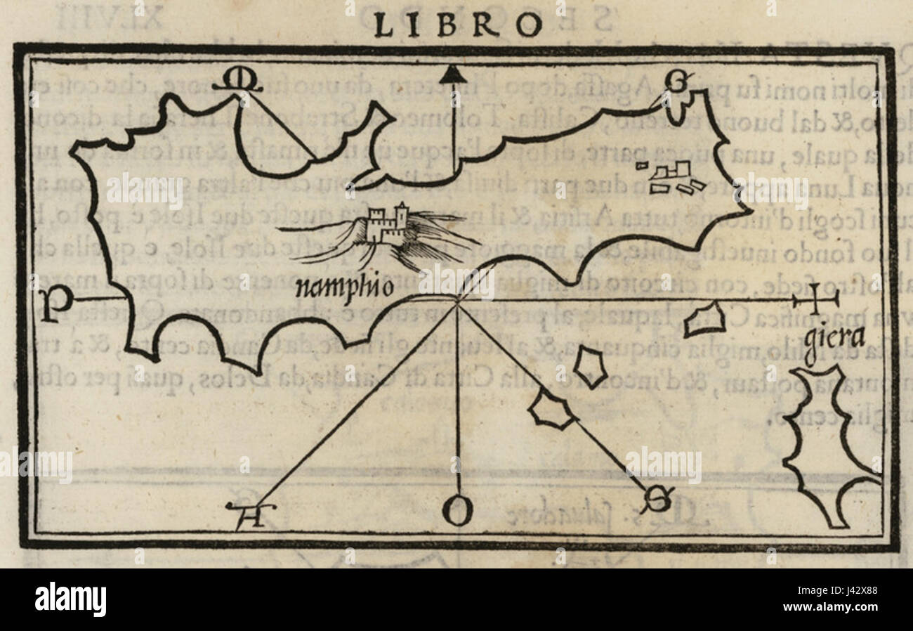 Questa mappa del 1547 di Anafi, creata da Benedetto Bordone, offre una rappresentazione dettagliata dell'isola greca, illustrandone le caratteristiche geografiche e il contesto all'interno del Mediterraneo durante il Rinascimento. Foto Stock