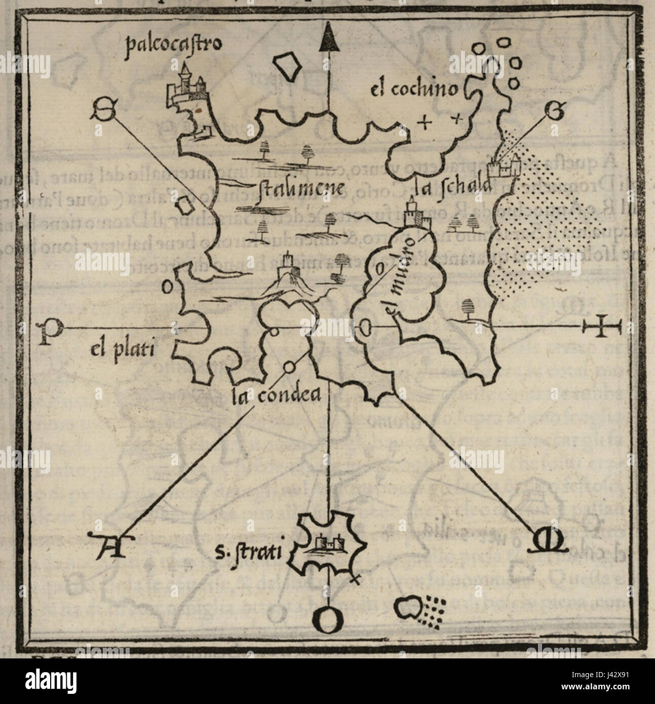 Questa mappa del 1547 di Benedetto Bordone raffigura le isole greche di Lemnos e Agios Efstratios, mostrando le loro posizioni geografiche e caratteristiche territoriali durante il XVI secolo. Foto Stock