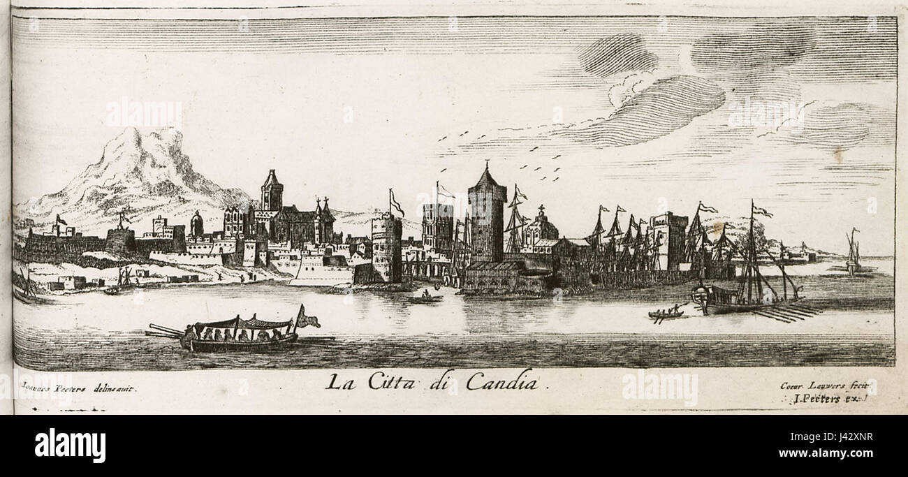 La città di Candia è una mappa storica o incisione di Jacob Peeters, creata nel 1686. Essa raffigura la città di Candia (l'odierna Heraklion, Creta) durante la fine del XVII secolo, mostrando la sua architettura, la sua disposizione e i monumenti significativi dell'epoca. Foto Stock