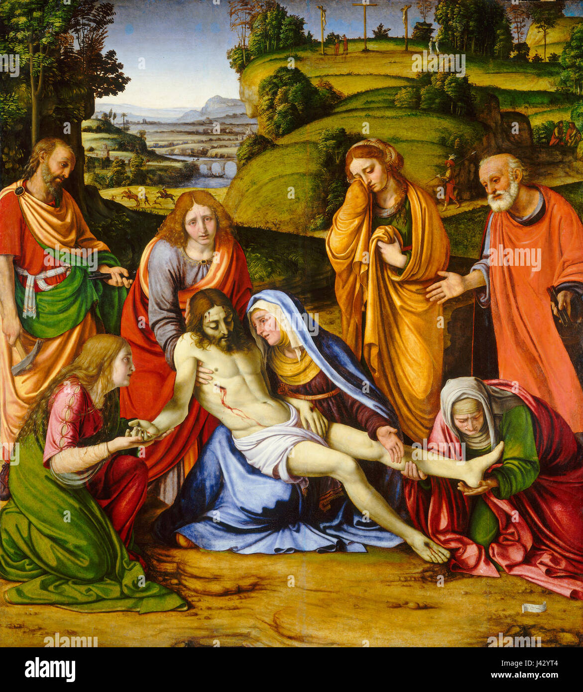 La Lamentazione E1134 è probabilmente un riferimento a un'opera d'arte o a una rappresentazione religiosa che mostra il lutto di Cristo, un soggetto comune nell'arte cristiana, focalizzato sull'espressione emotiva del dolore. Foto Stock