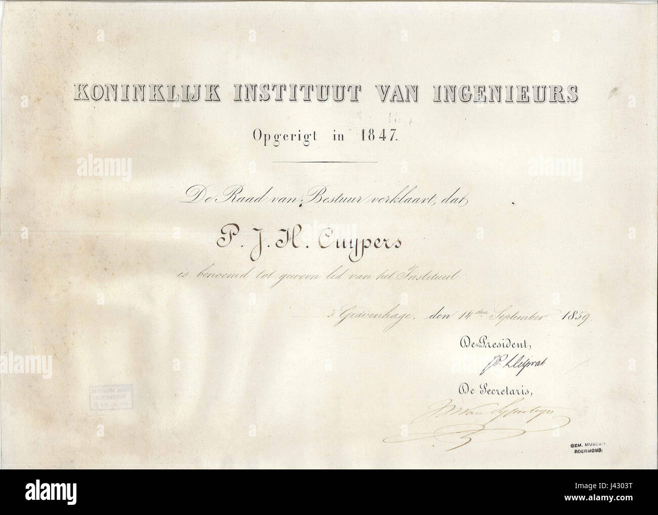 Certificato di appartenenza di Pierre Cuypers del Koninklijk Instituut van Ingenieurs Cuypershuis 0464 Foto Stock