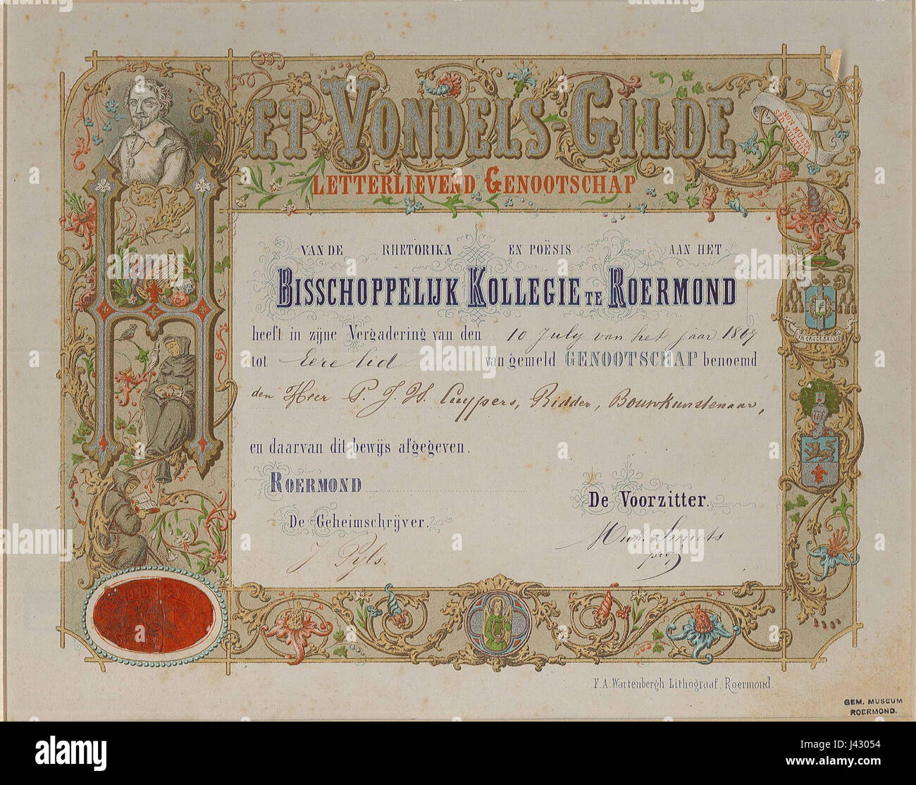 Certificato di appartenenza di Pierre Cuypers di Het Vondels Gilde Cuypershuis 0468 Foto Stock