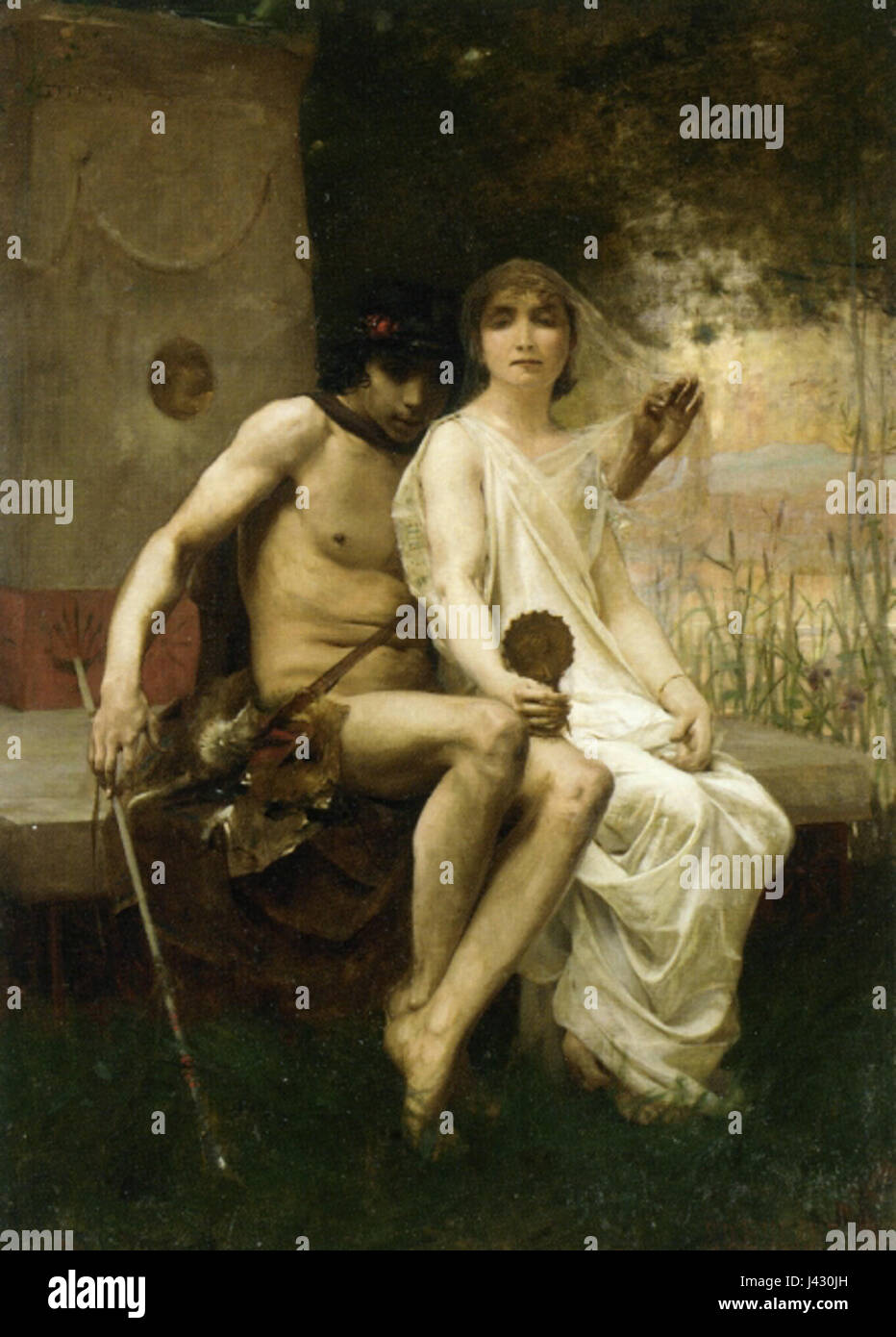 Questa opera d'arte di Jean Eugene Buland, intitolata "Lycanion et Daphnis", raffigura una scena mitologica, con Lycanion e Dafni, figure centrali della mitologia greca. Il dipinto cattura i temi classici dell'amore e della trasformazione, radicati in antichi racconti mitologici. Foto Stock