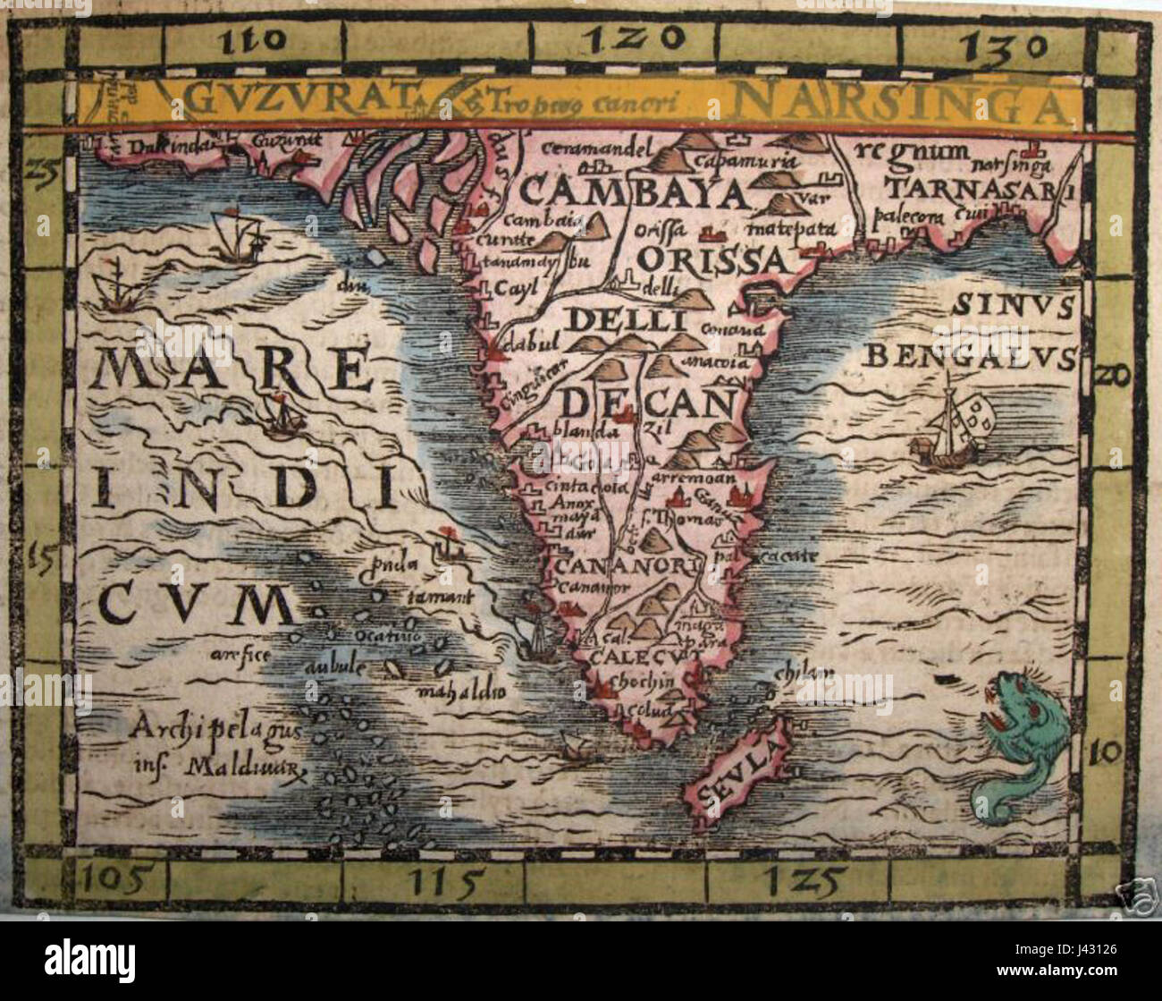 Una mappa del 1588 circa raffigurante l'altopiano del Deccan e le regioni meridionali dell'India. Fornisce una visione storica della geografia e dei confini politici dell'area durante quel periodo. Foto Stock