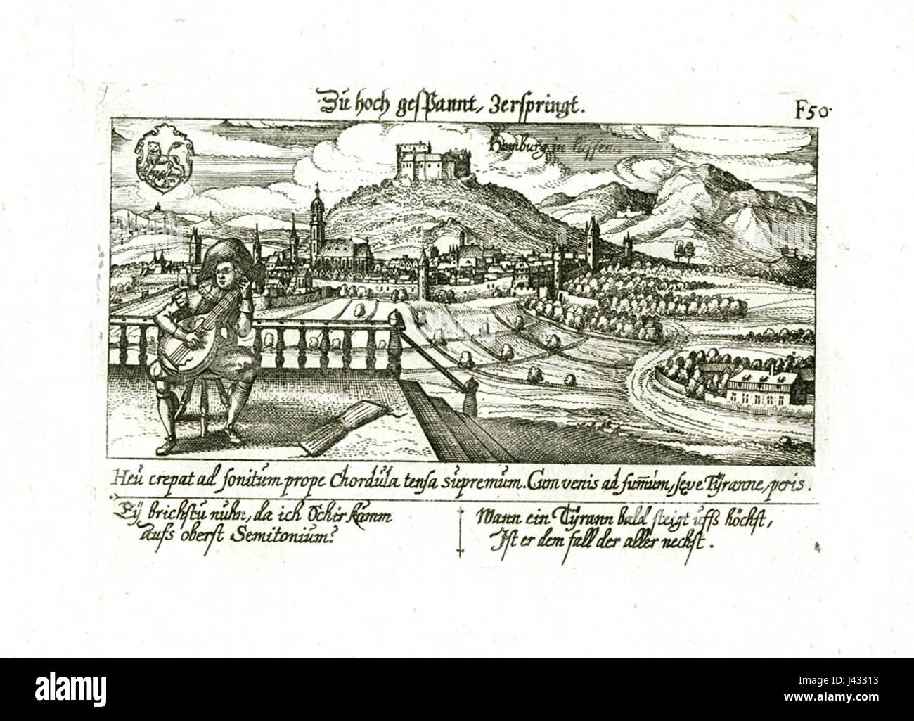 Questa immagine raffigura il Meisner Homburg, un luogo notevole in Assia, Germania. La frase "Zu hoch gespannt zerspringt" suggerisce un tema di tensione o rottura, potenzialmente correlato a un evento storico o architettonico. Foto Stock