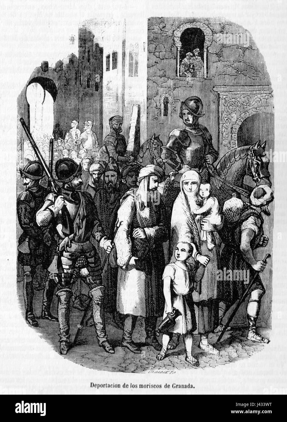 "Los Monfies de las Alpujarras" è un'opera storica che raffigura la regione spagnola di Alpujarras, conosciuta per la sua cultura e la sua storia uniche. L'illustrazione a pagina 337 mostra le persone e il paesaggio di questa zona montuosa, famosa per la sua resistenza durante la Reconquista spagnola. Foto Stock