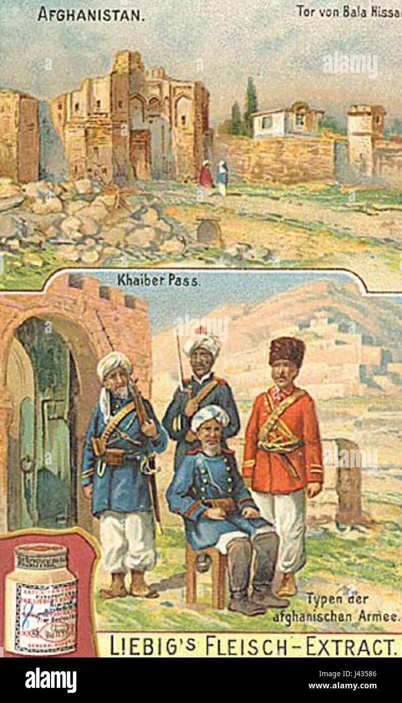 Questo Liebigbild del XIX secolo raffigura il Bala Hissar, un'antica fortificazione a Kabul, e il passo strategico di Khyber, un percorso storico chiave che collega l'Afghanistan al subcontinente indiano. La scena evidenzia il terreno accidentato e l'importanza difensiva del forte nella storia militare della regione. Foto Stock